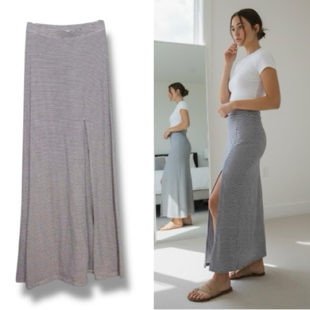 Forever 21 Skirt Y2K Navy/White Striped Long Front Slit A-line Maxi Size Large
